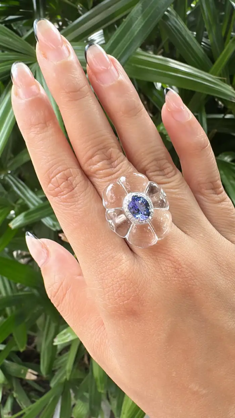 18k White Gold Diamond Cocktail Ring - Natural Tanzanite & Crystal Anniversary Gift Ring