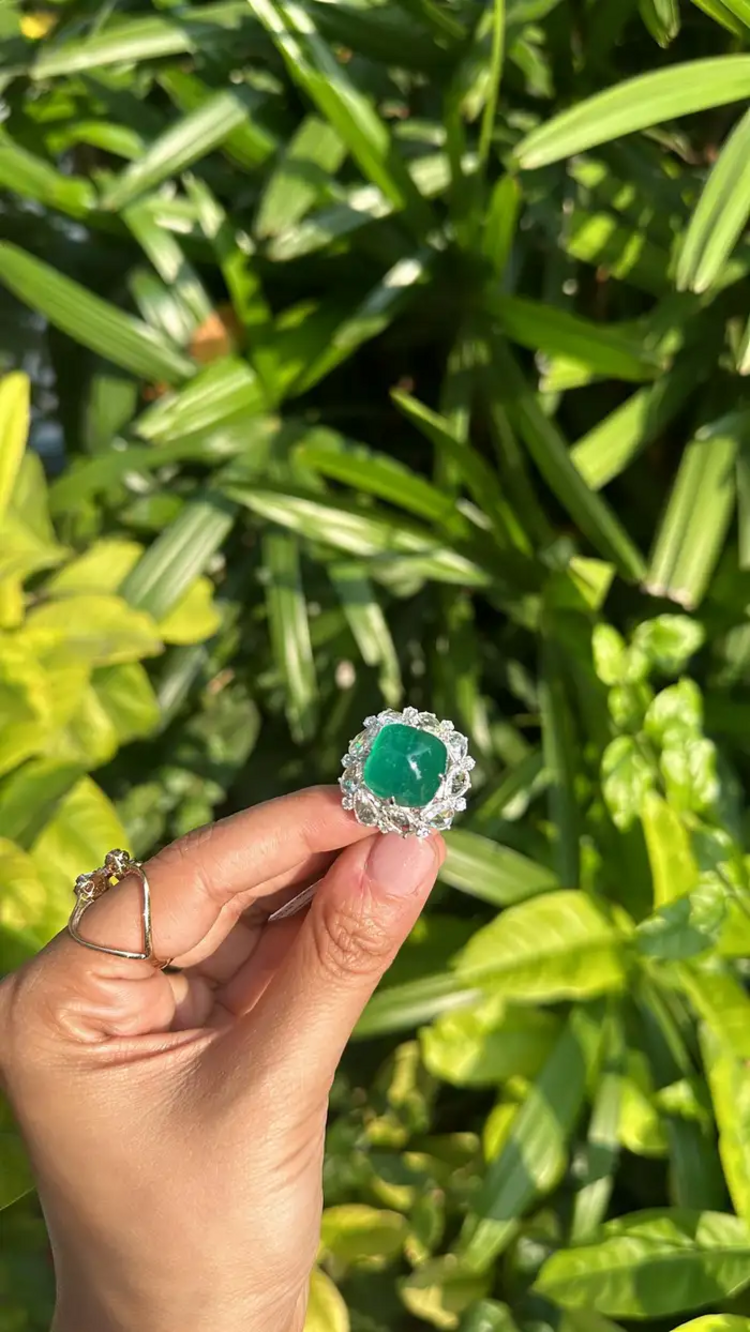 17.79 carats, natural Zambian Emerald Sugarloaf & Rose Cut Diamond Cocktail Ring