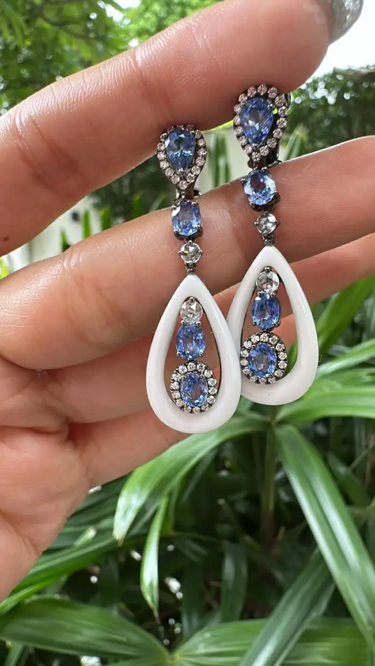 18k White Gold Diamond Dangle Earrings - Natural Blue Sapphire & Onyx Earrings