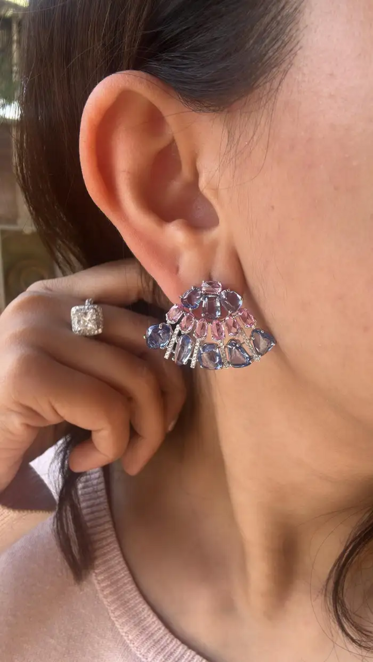 18k White Gold Diamond Stud Earrings - Natural Blue & Pink Sapphire Women Jewelry