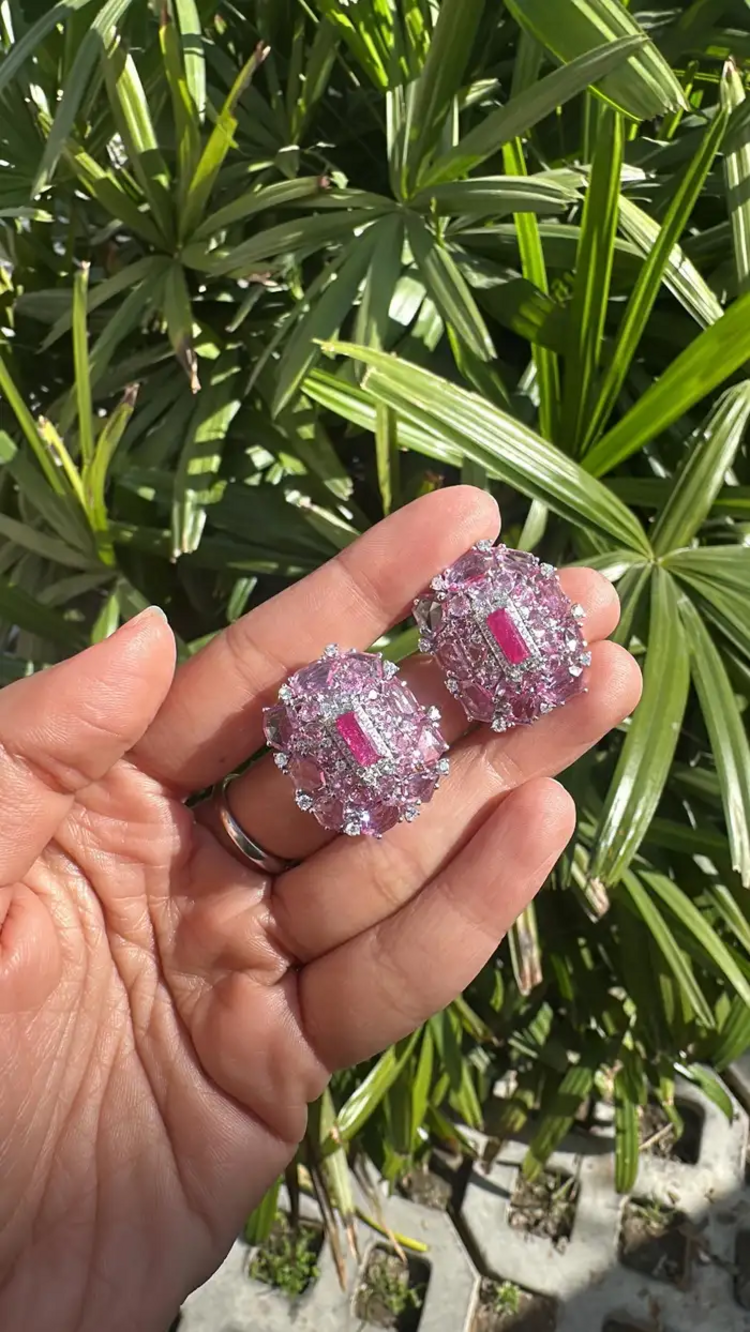 Natural Mozambique Ruby & Ceylon Pink Sapphire Stud Earrings - 18k White Gold Diamond Earrings