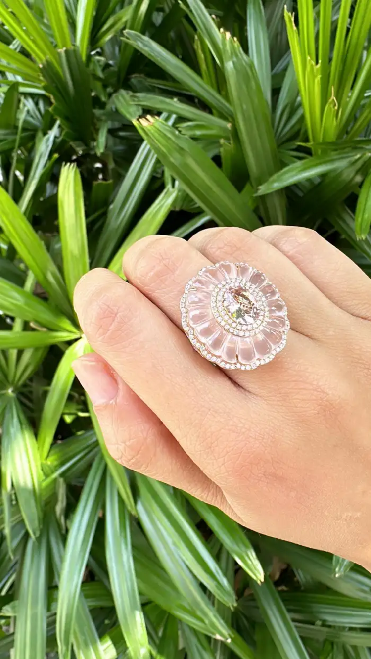 Natural Morganite & Rose Quartz Gemstone Ring - 18k Yellow Gold Diamond Cocktail Ring