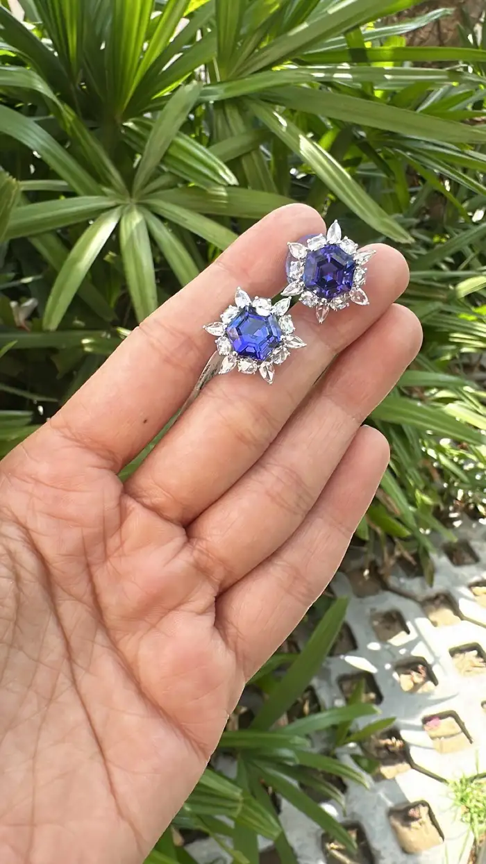 9.83 Ct. Natural Tanzanite Gemstone Minimalist Stud Earrings - 18k White Gold Rose Cut Diamonds Star Earrings - December Birthstone Earrings