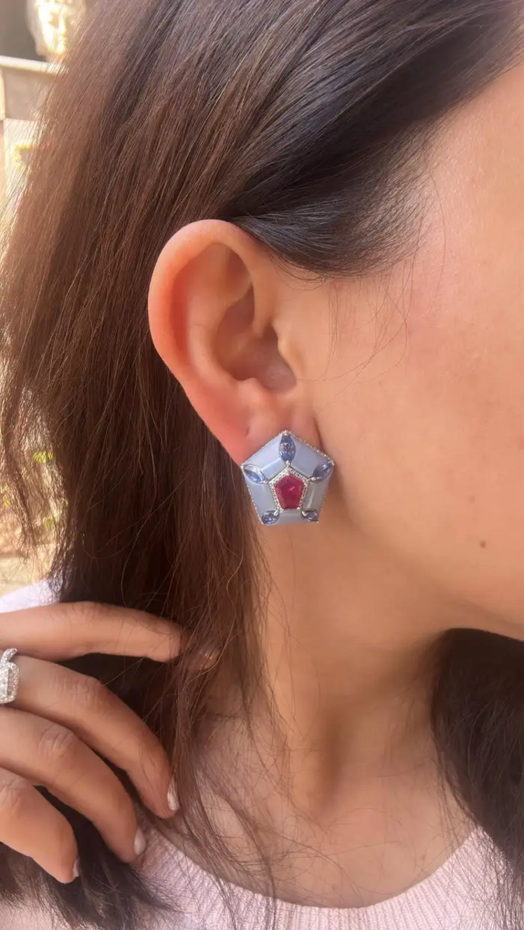Natural Mozambique Ruby & Blue Opal Stud Earrings - 18k White Gold, Blue Sapphire & Diamond Earrings