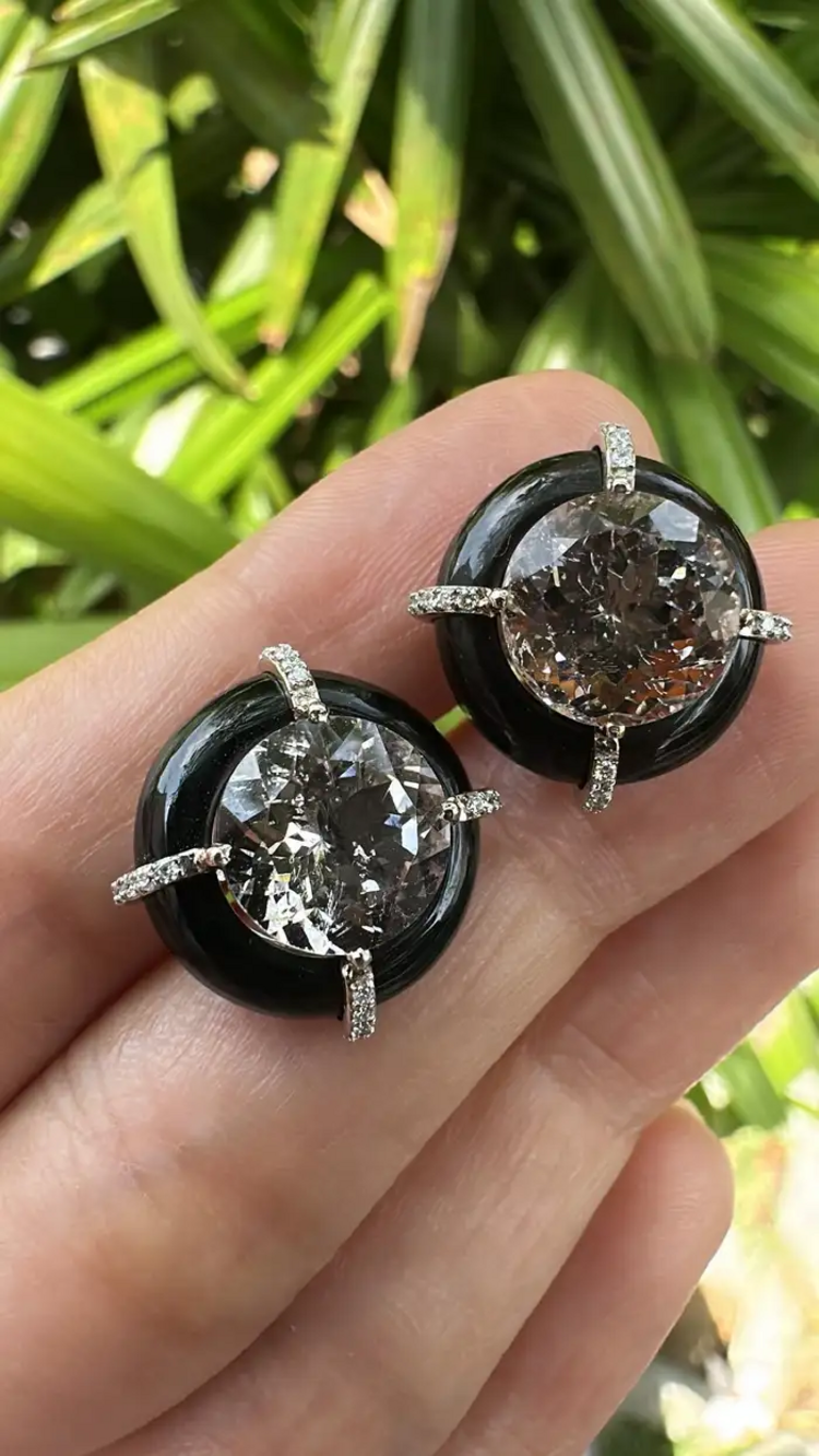 Natural Morganite & Black Onyx Stud Earrings - 18k Gold Diamond Round Tiny Stud Earrings