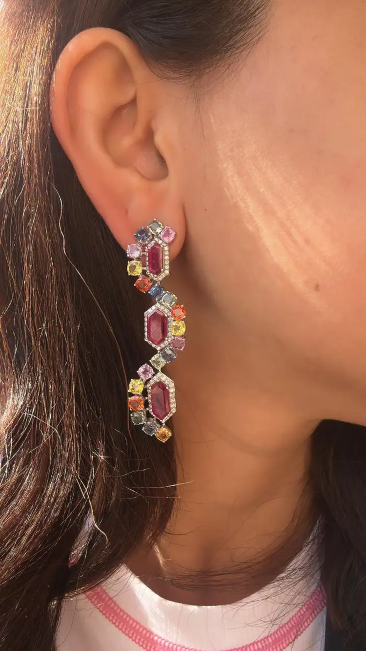 Natural Mozambique Ruby & Multi Sapphire Dangle Earrings - 18k White Gold Diamond Earrings