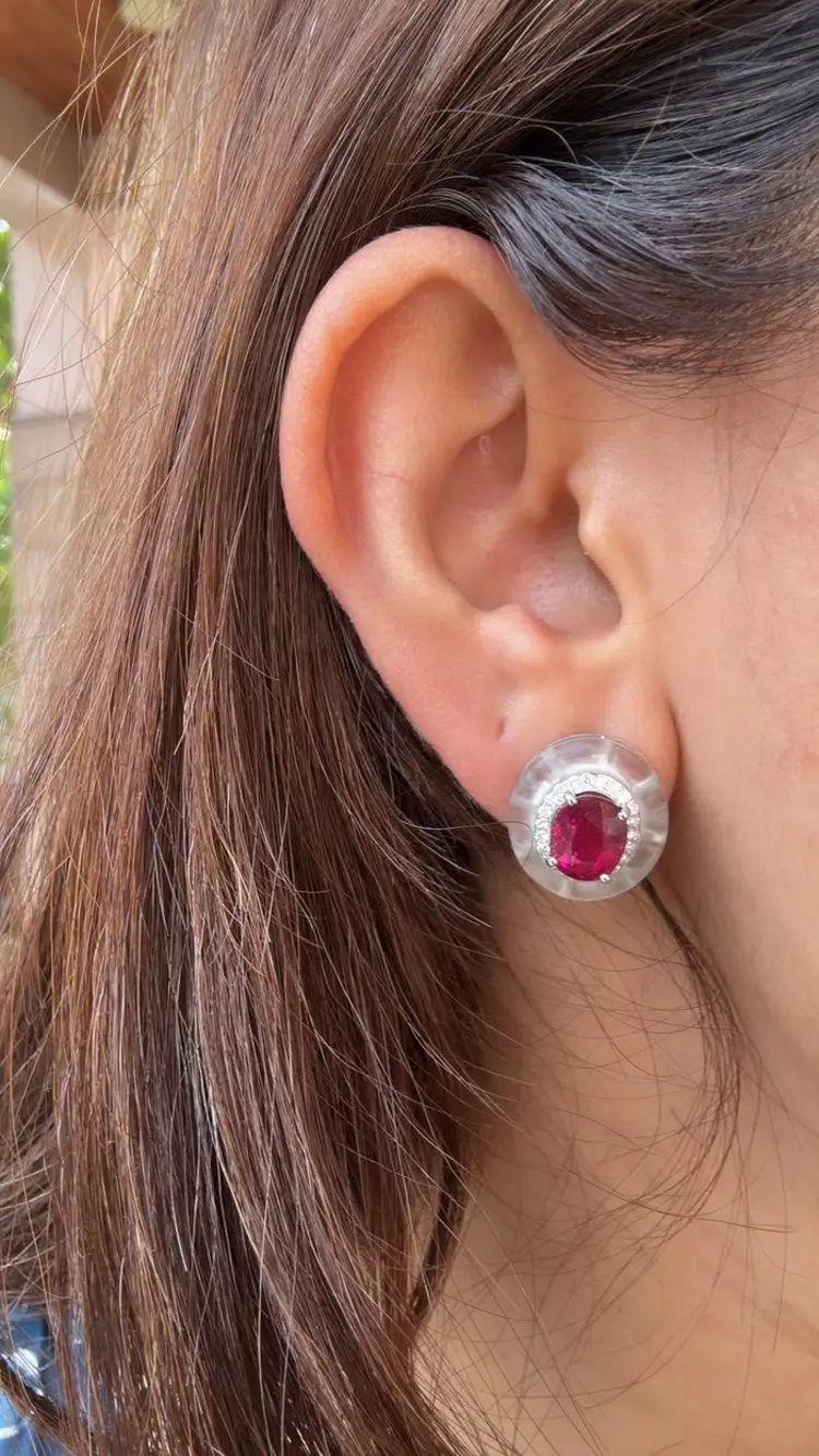 18k White Gold Diamond Stud Earrings - Natural Rubellite & Rock Crystal Earrings