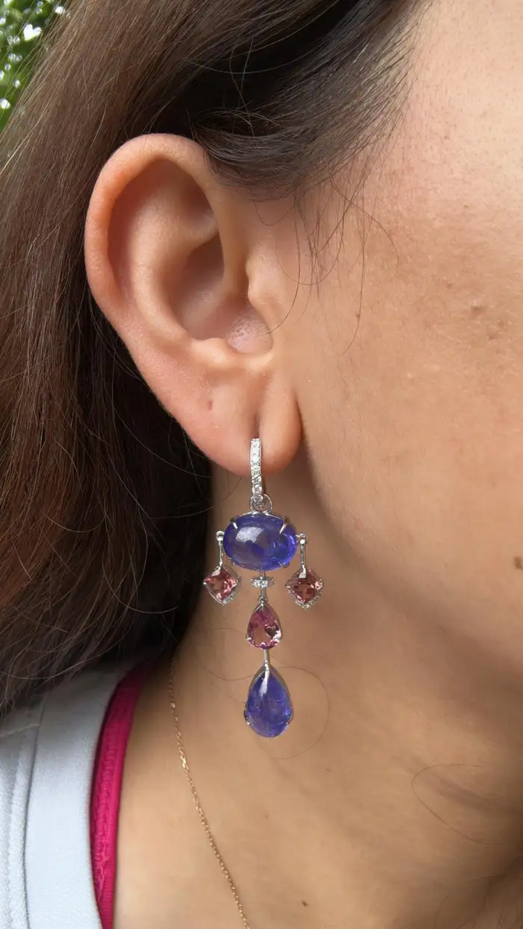 18k White Gold Diamond Earrings - Natural Tanzanite & Tourmaline Gemstone Dangle Earrings
