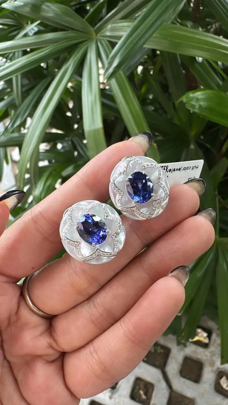 Natural Tanzanite & Mother Of Pearl Stud Earrings - 18k White Gold Diamond Earrings