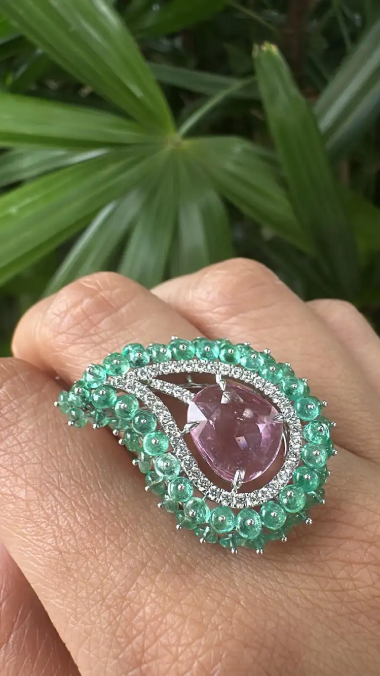 Natural Emerald & Pink Sapphire Statement Ring - 18k White Gold Diamond Handmade Ring