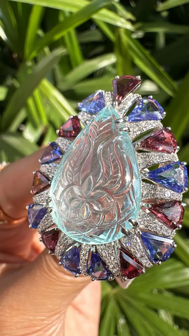 Natural Rubellite, Tanzanite & Carved Aquamarine Gold Ring - 18k White Gold Diamond Big Ring