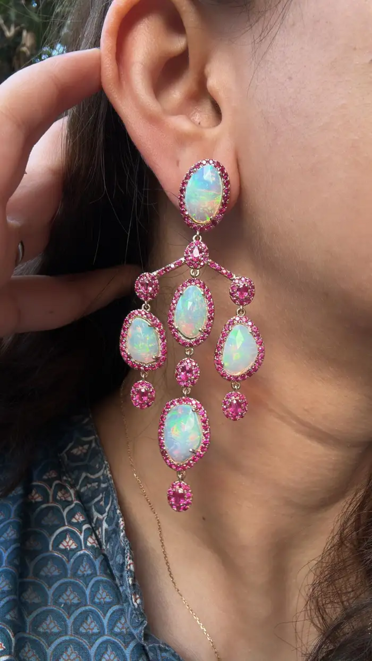 Ethiopian Opal & Mozambique Ruby Chandelier Earrings - 18k Gold Diamond Dangle Earrings