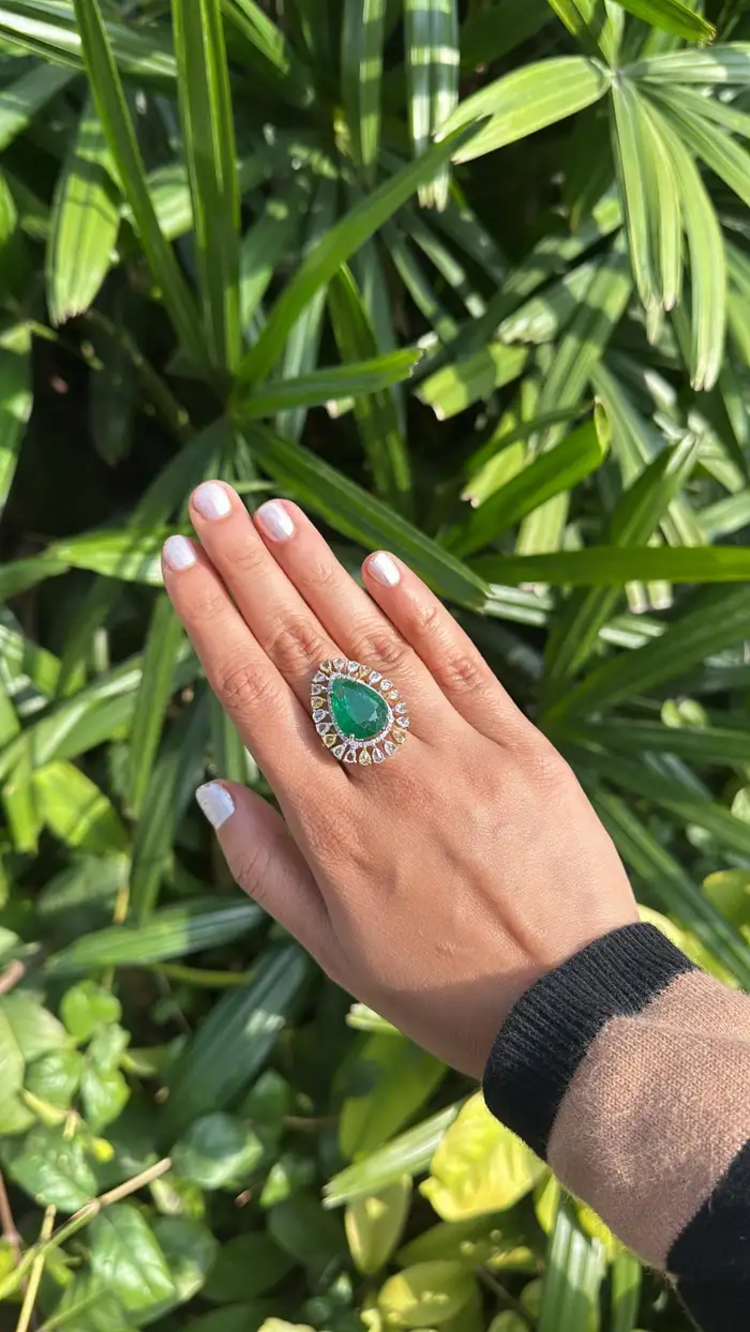 18k Two Tone Gold Ring - Natural Pear Shape Zambian Emerald & Diamond Ring