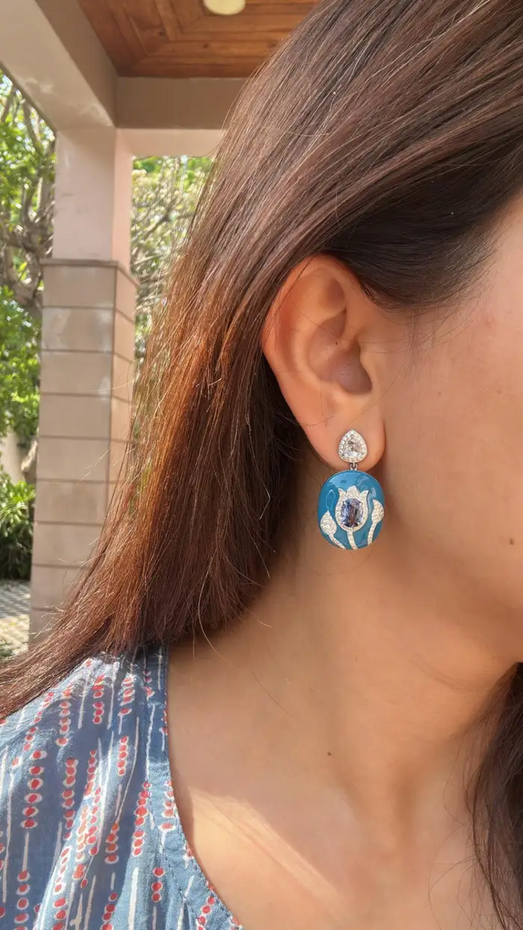 18k White Gold Rose Cut Diamond Handmade Dangle Earrings - Natural Blue Sapphire & Blue Enamel Earrings