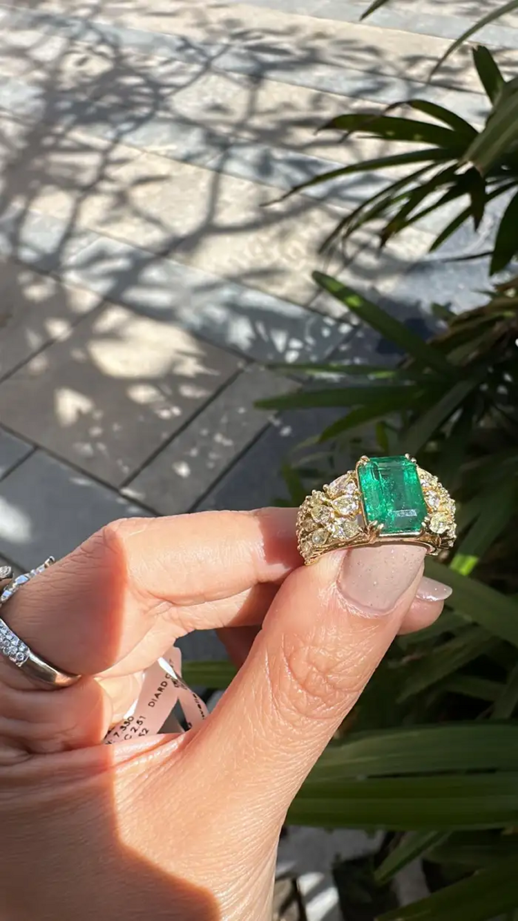 Natural Zambian Emerald Statement Ring - 18k Yellow Gold & Yellow Diamonds Wedding Ring