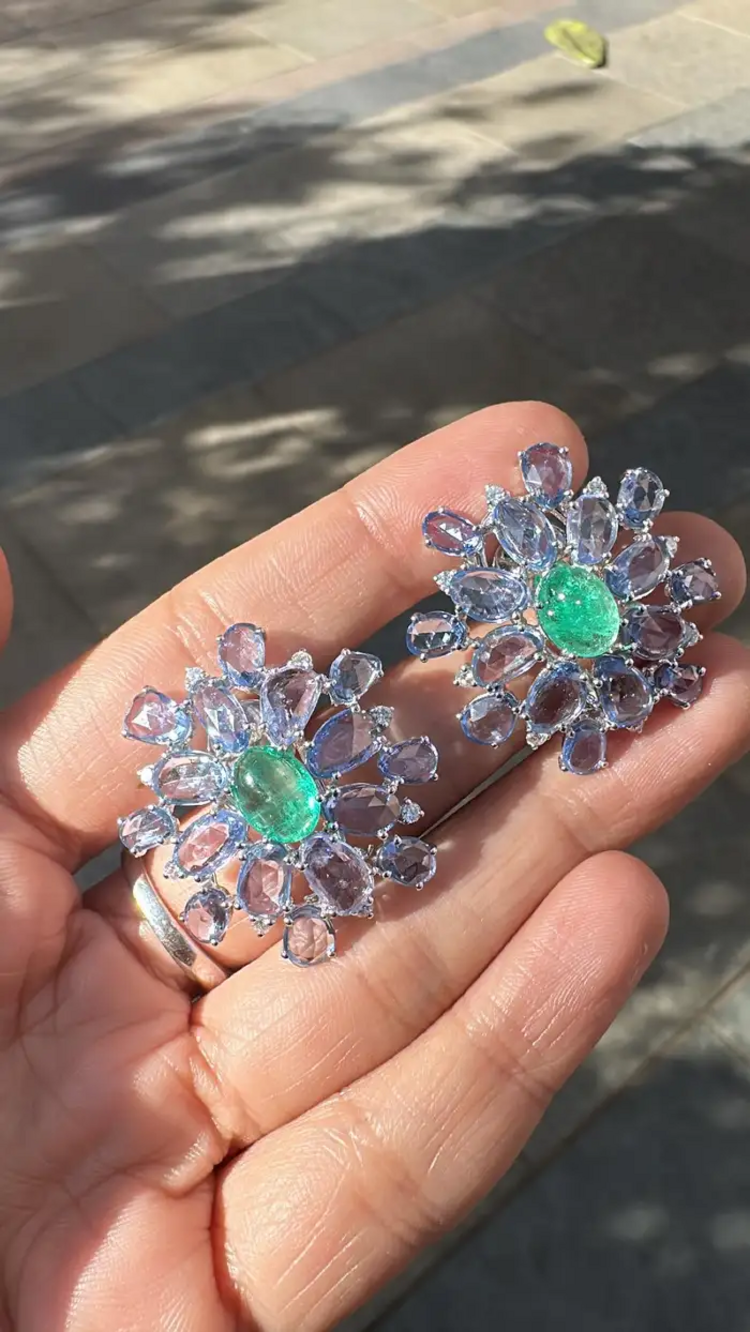 Natural Colombian Emerald & Blue Sapphire Floral Stud Earrings - 18k White Gold Diamond Earrings