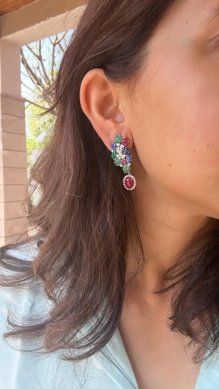 Natural Mozambique Ruby, Zambian Emerald & Blue Sapphire Dangle Earrings - 18k White Gold Diamond Chandelier Earrings