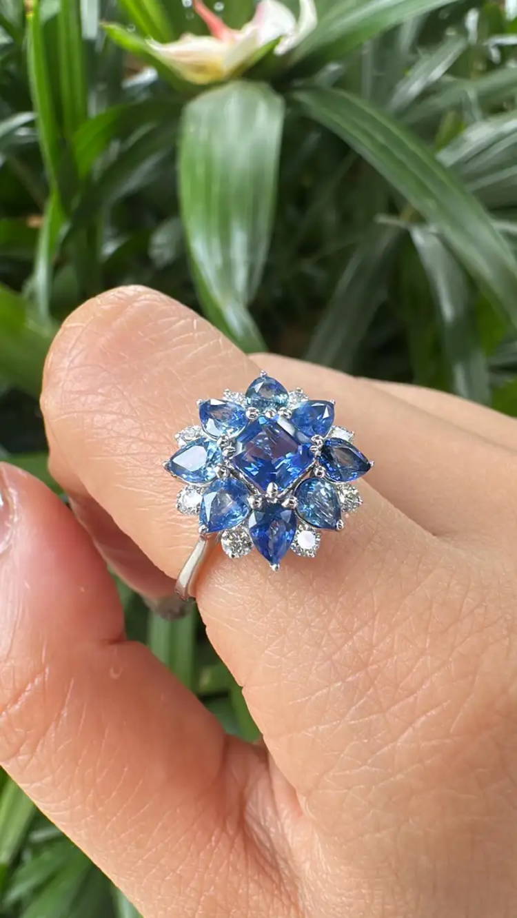 Natural Blue Sapphire Diamond Cocktail Ring - 18k White Gold Handmade Ring