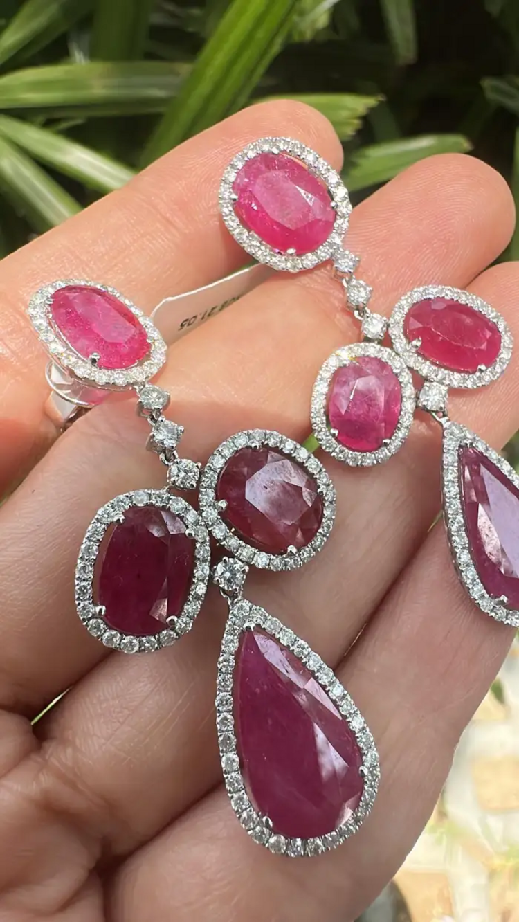 18k White Gold Diamond Dangle Earrings - Natural Mozambique Ruby Gemstone Wedding Earrings