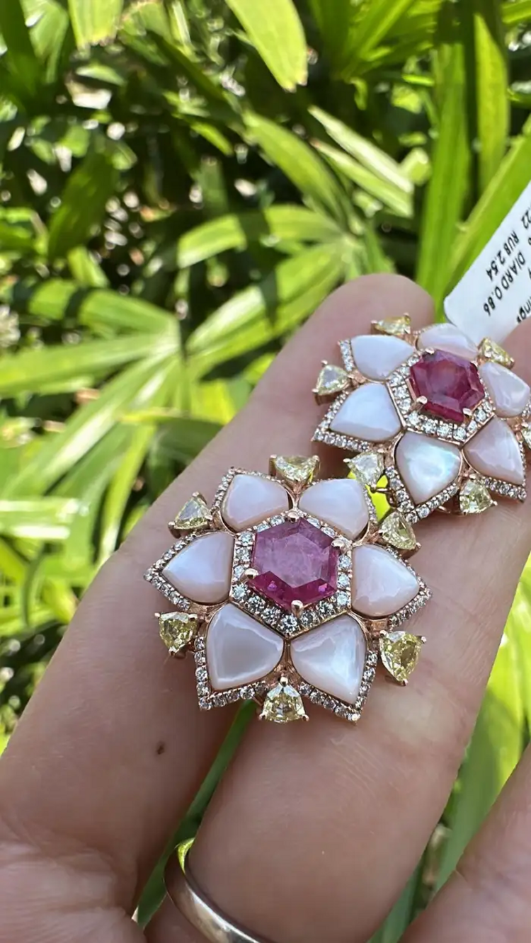 Natural Mozambique Ruby & Pearl Stud Earrings - 18k Rose Gold Yellow Diamond Earrings