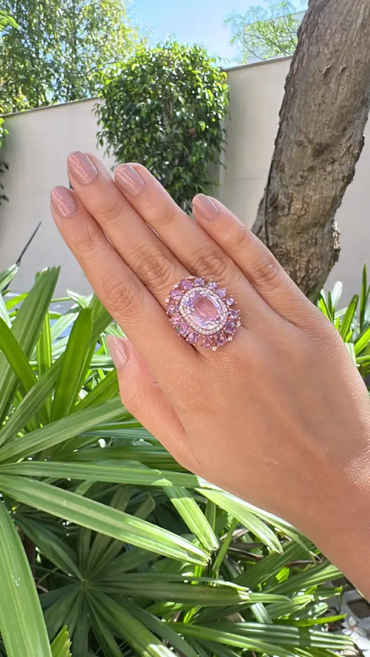 Natural Kunzite & Pink Sapphire Cocktail Wedding Ring - 18k Rose Gold Diamond Statement Ring