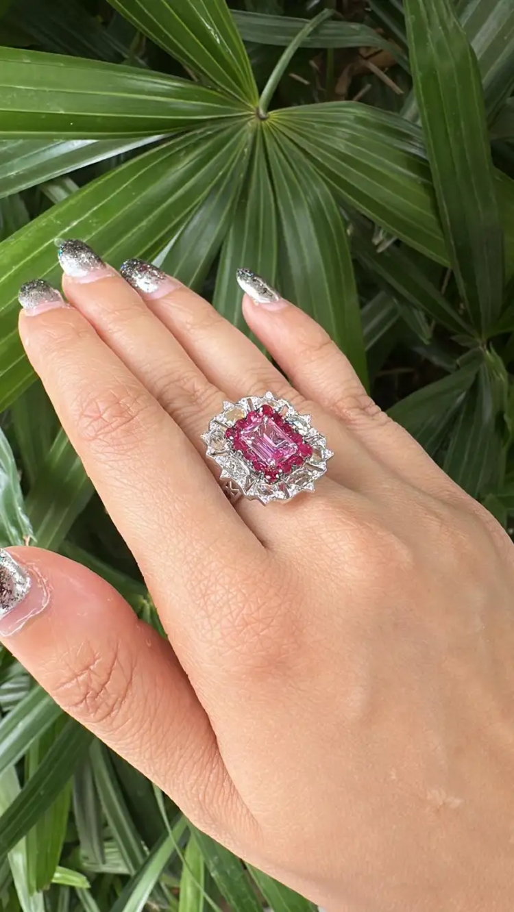18k White Gold Rose Cut Diamond Cocktail Ring - Natural Ruby & Pink Sapphire Wedding Ring