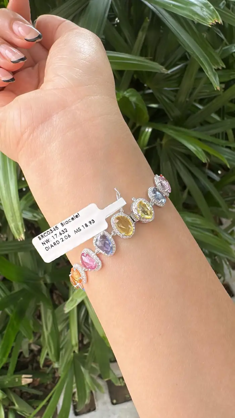 Natural Multi Sapphire & Rose Cut Diamond Bracelet - 18k White Gold Handmade Bracelet