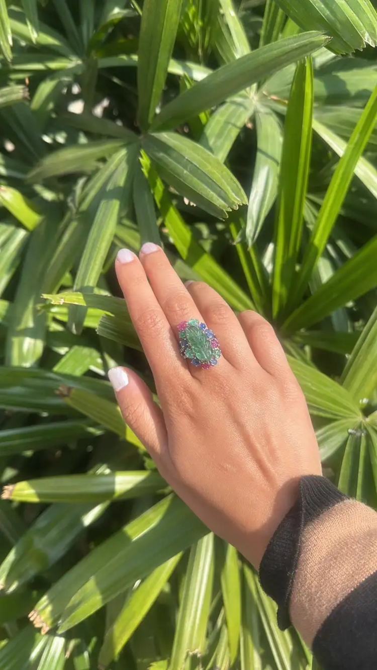 18k White Gold Handmade Cocktail Ring - Natural Emerald, Blue Sapphires, Ruby & Diamonds Cocktail Ring