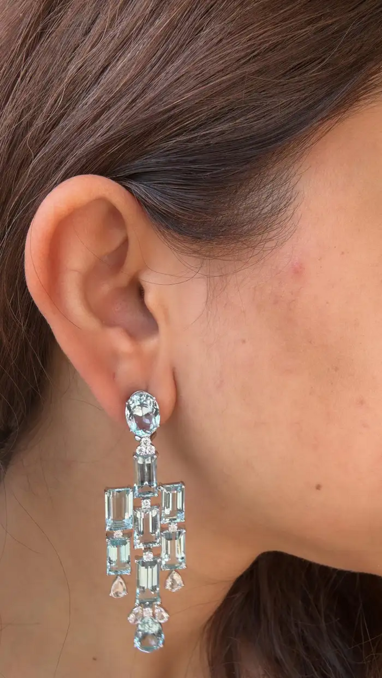 Natural Aquamarine Gemstone Chandelier Earrings - 18k White Gold Diamond Handmade Dangle Earrings