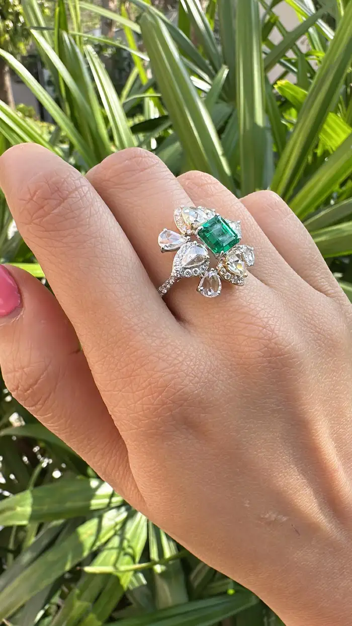 Natural Rose Cut Diamond Cocktail Ring - 18k White Gold Zambian Emerald Wedding Ring
