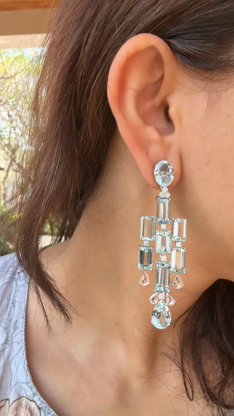 Natural Aquamarine Gemstone Chandelier Earrings - 18k White Gold Diamond Handmade Dangle Earrings