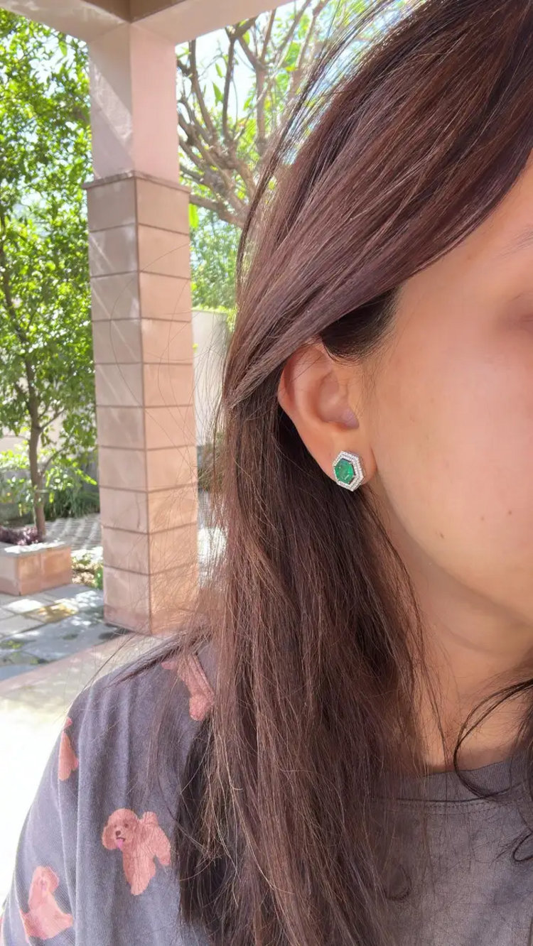 Natural Zambian Emerald Stud Earrings - 18k White Gold Diamond Tiny Stud Earrings