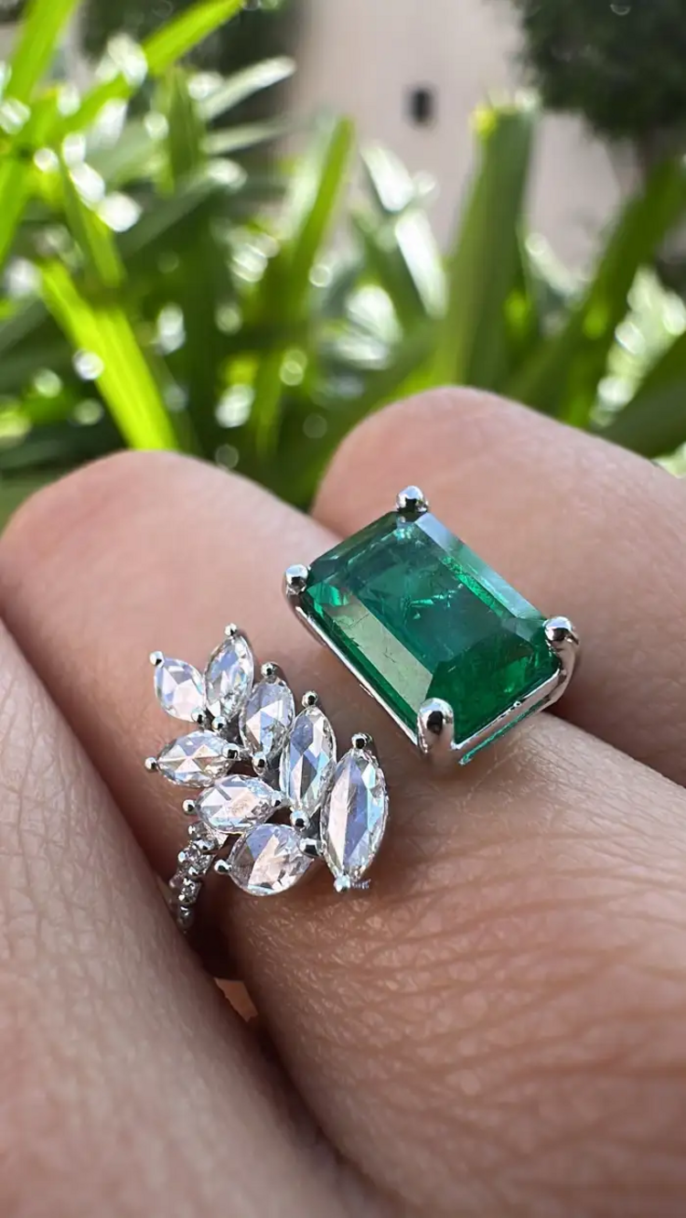 Natural Zambian Emerald Cuff Ring - 18k White Gold Rose Cut Diamond Wedding Ring
