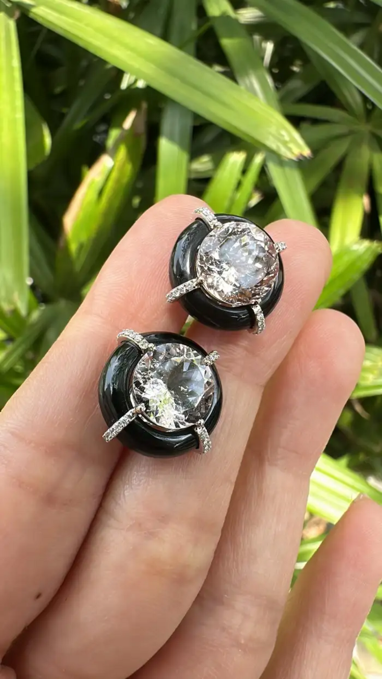 Natural Morganite & Black Onyx Stud Earrings - 18k Gold Diamond Round Tiny Stud Earrings