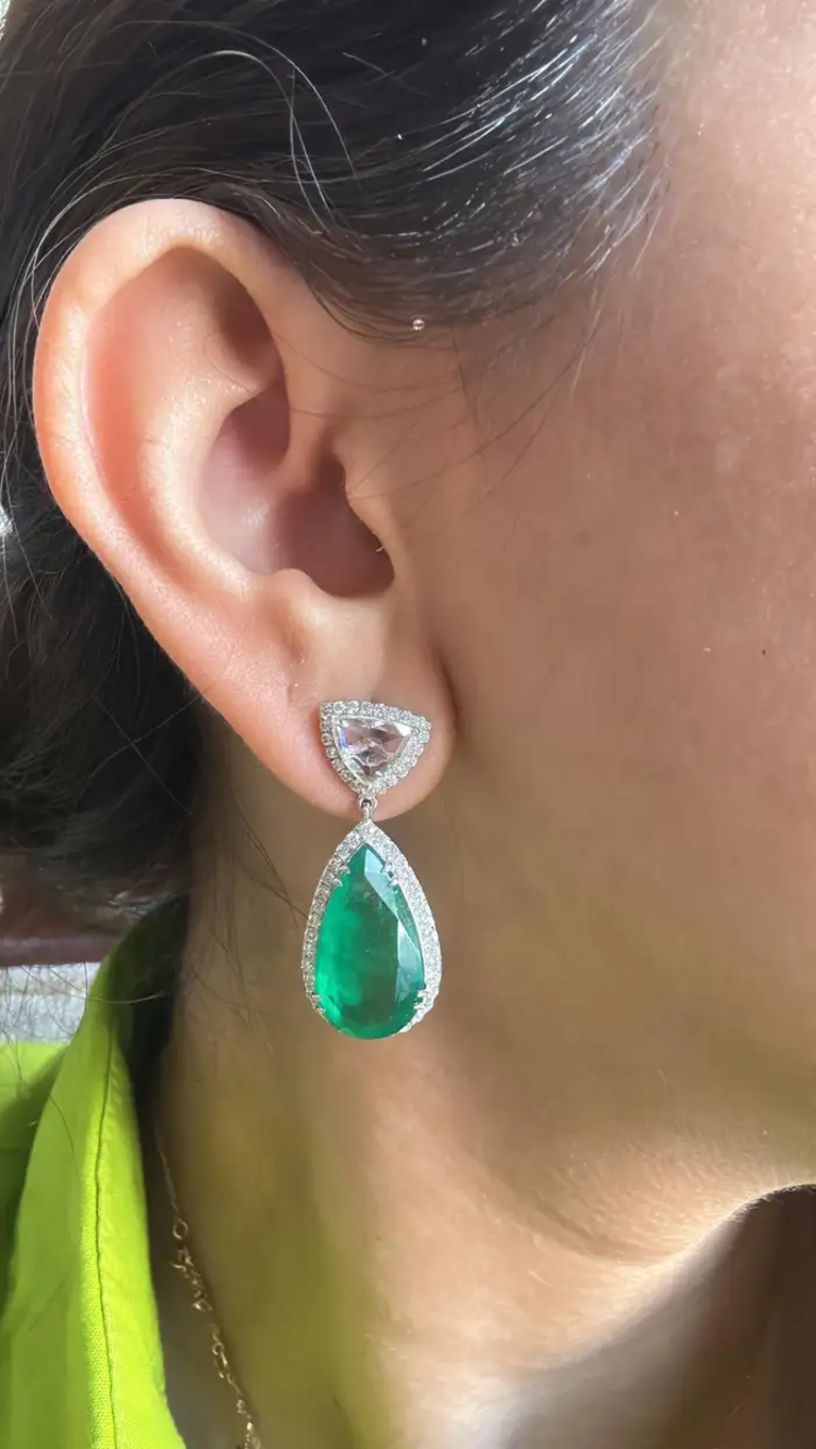 Solid 18k White Gold Handmade Dangle Earrings - Natural Zambian Emerald & Rose Cut Diamond Drop Dangle Women Earrings