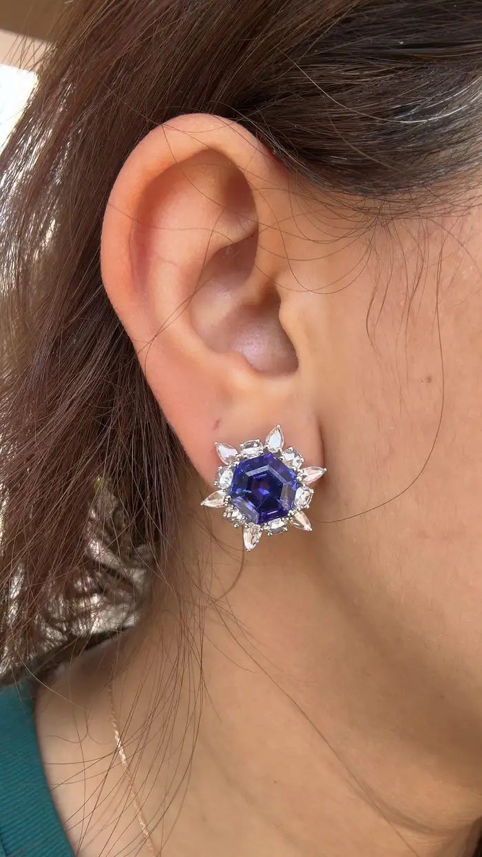9.83 Ct. Natural Tanzanite Gemstone Minimalist Stud Earrings - 18k White Gold Rose Cut Diamonds Star Earrings - December Birthstone Earrings