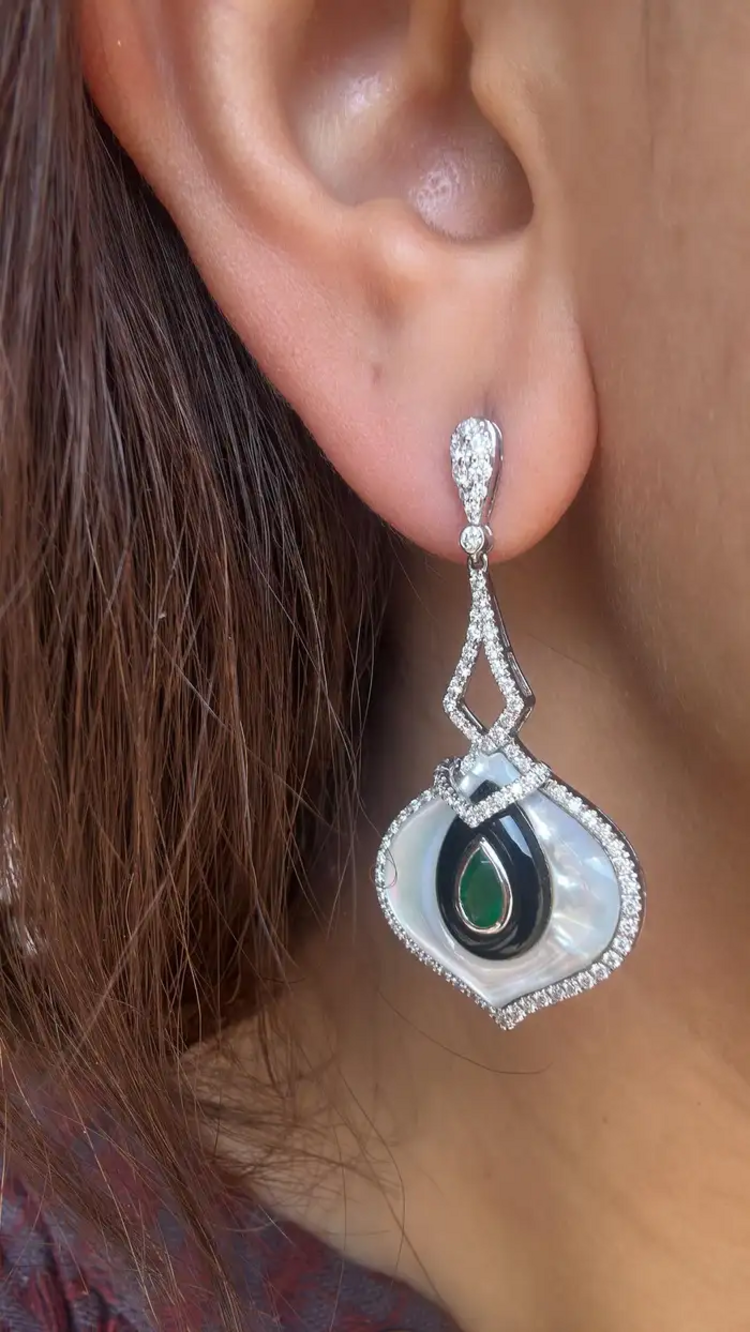 18k White Gold Zambian Emerald Dangle Earrings - Natural Diamond, Black Onyx & Pearl Wedding Earrings