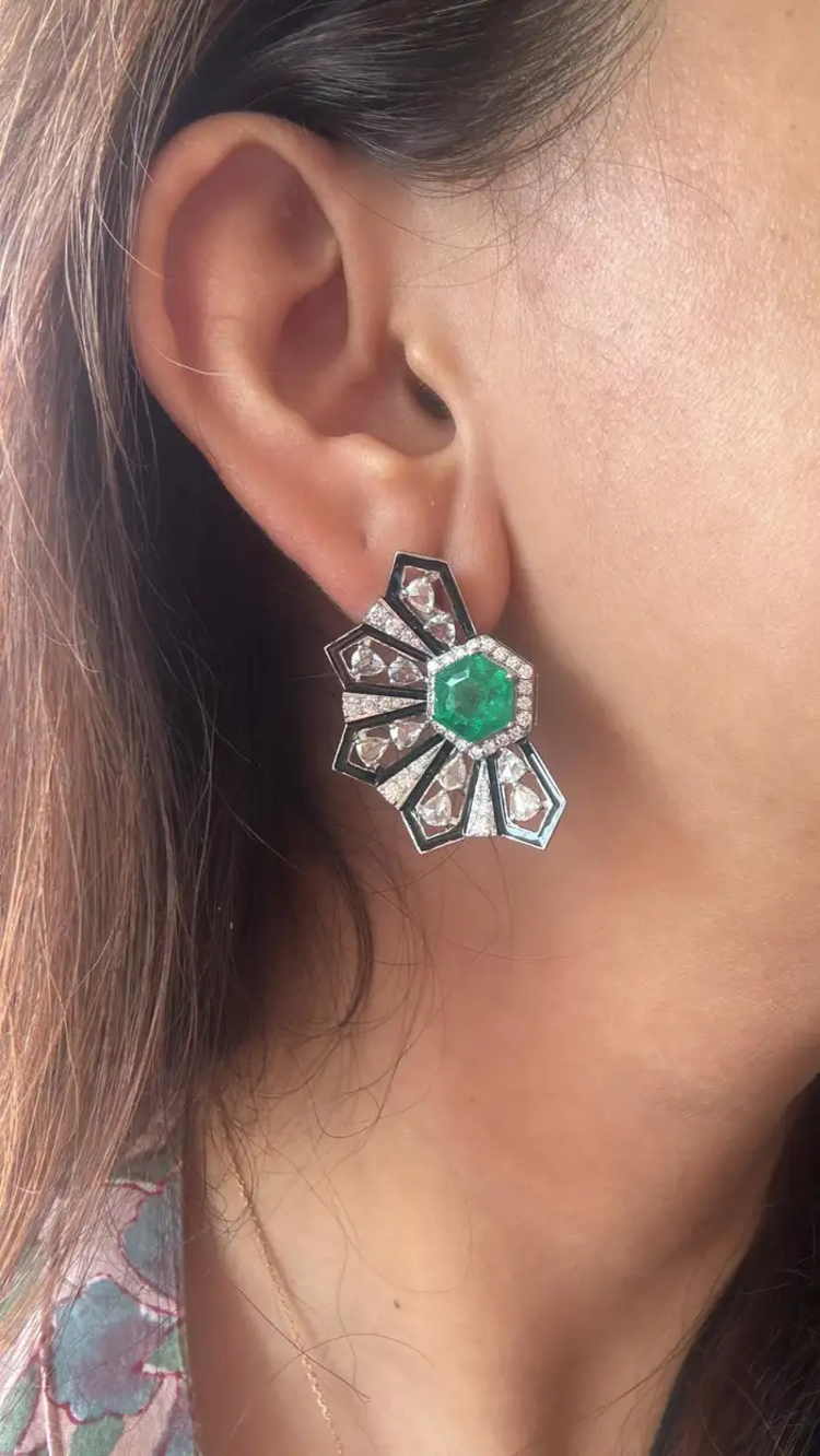 18k White Gold Handmade Stud Earrings - Natural Zambian Emerald & Diamond Women Earrings