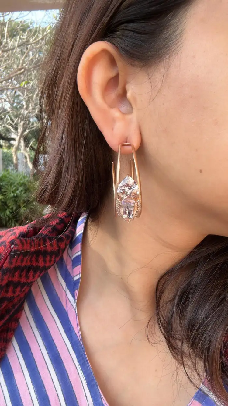 18k Yellow Matte Gold Hoop Earrings - Natural Morganite & Diamond Earrings