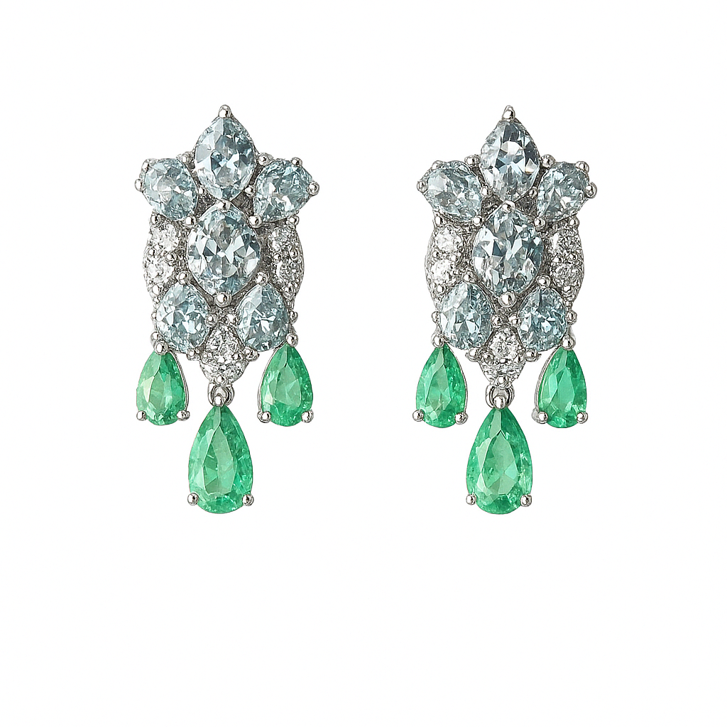 Natural Aquamarine & Colombian Emerald Dangle Earrings - 18k White Gold Diamond Wedding Earrings