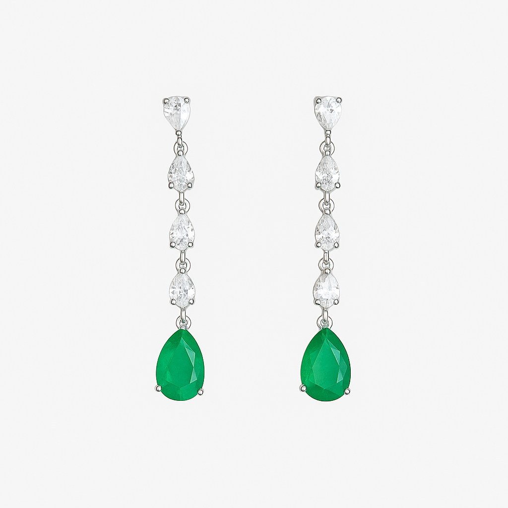 18k White Gold Diamond Dangle Earrings - Natural Pear Shape Zambian Emerald Earrings - Rose Cut Diamonds Earrings