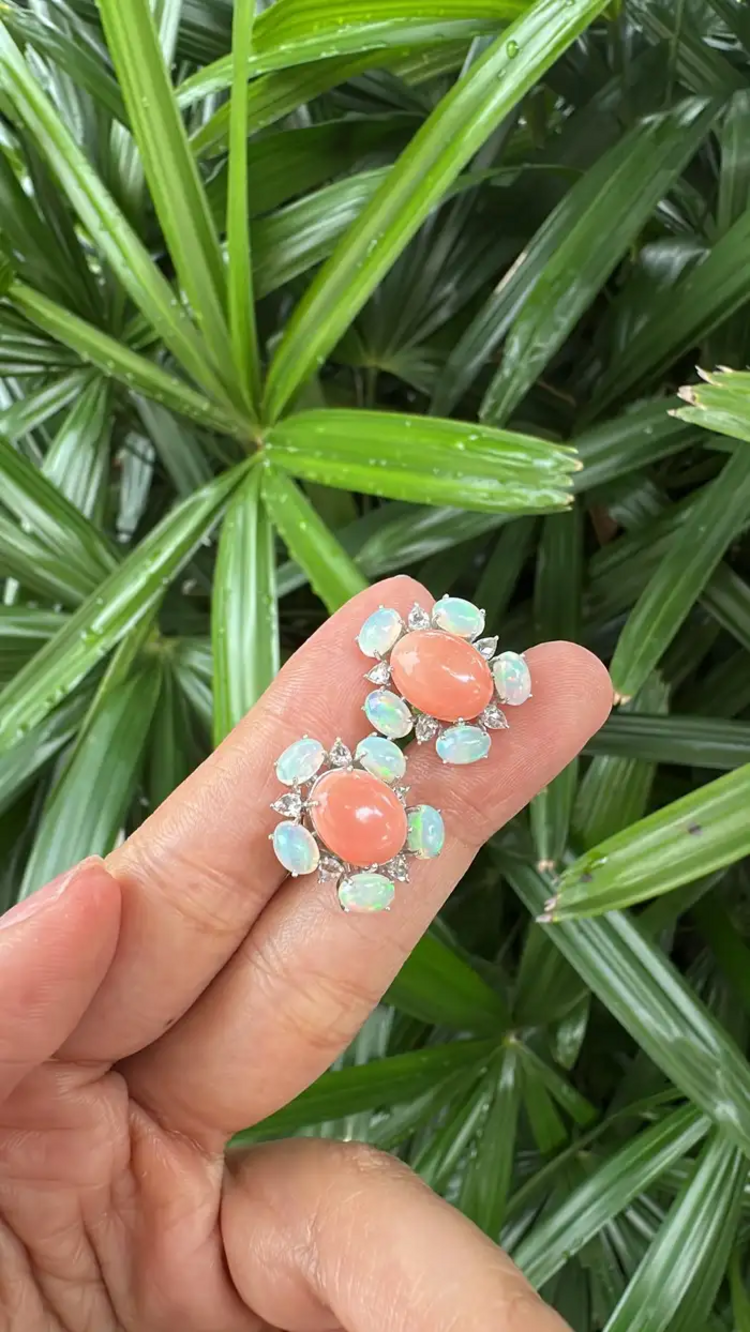 18k White Gold Rose Cut Diamond Stud Earrings - Natural Ethiopian Opal & Coral Earrings