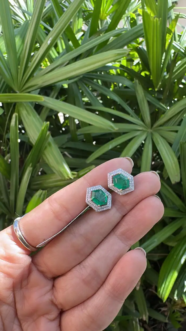 Natural Zambian Emerald Stud Earrings - 18k White Gold Diamond Tiny Stud Earrings