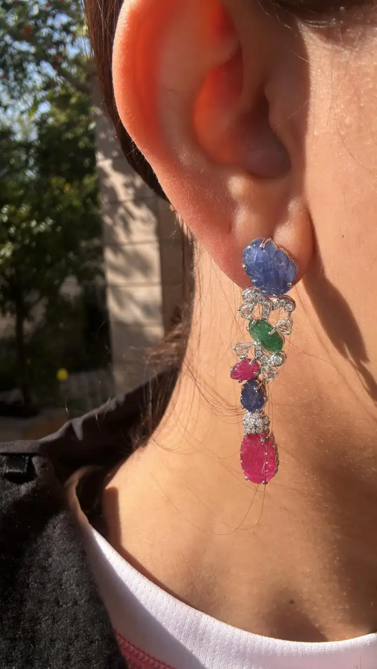 Natural Blue Sapphires, Emeralds, Rubies & Diamonds Chandelier Earrings - 18k White Gold Earrings