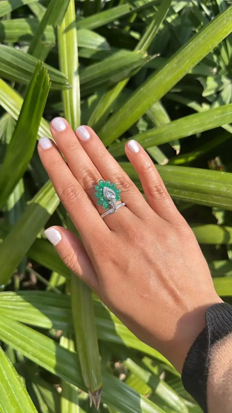 Natural Zambian Emerald Gold Ring - 18k White Gold Diamond Ring