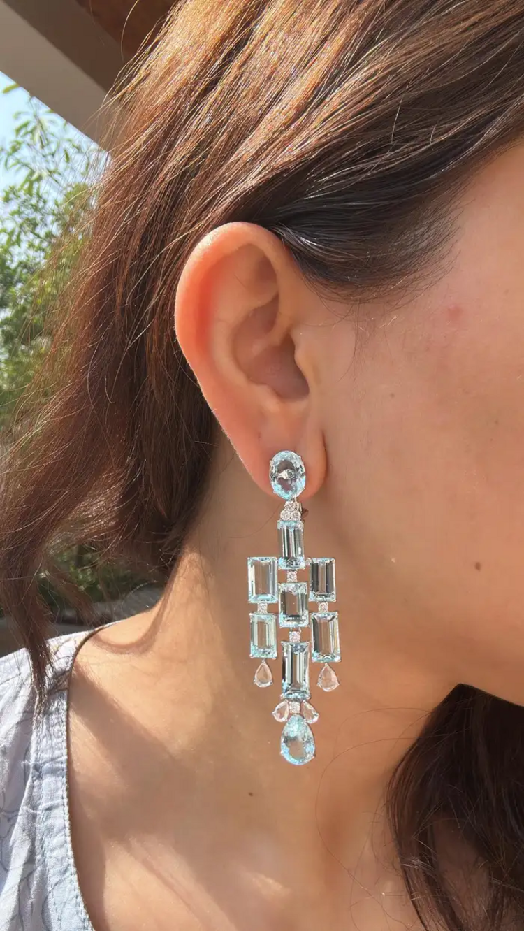Natural Aquamarine Gemstone Chandelier Earrings - 18k White Gold Diamond Handmade Dangle Earrings
