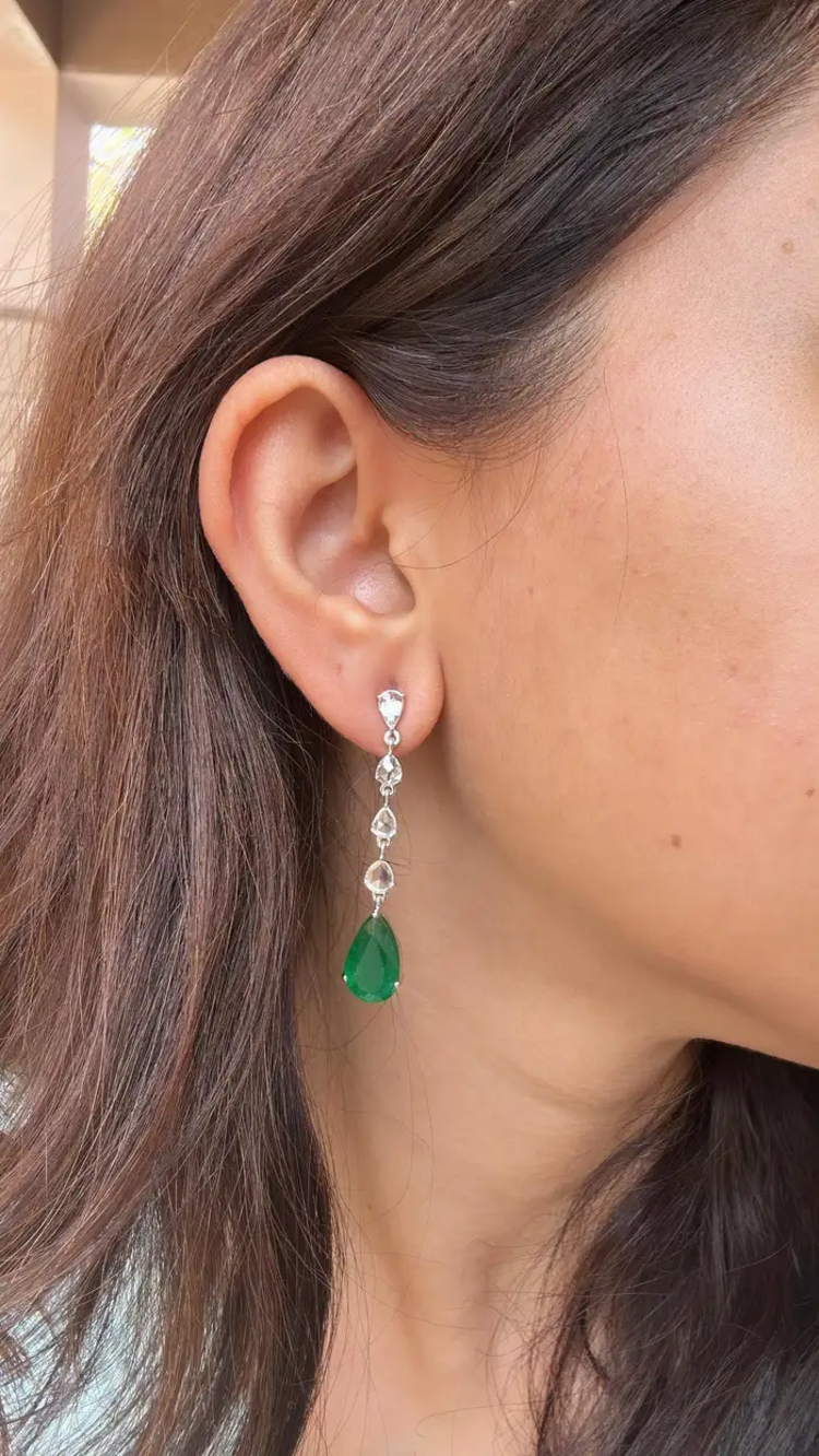 18k White Gold Diamond Dangle Earrings - Natural Pear Shape Zambian Emerald Earrings - Rose Cut Diamonds Earrings