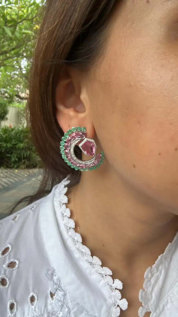 11.33 Ct. Pink Sapphire & Emerald Gemstone Stud Earrings - 18k White Gold Diamond Earrings