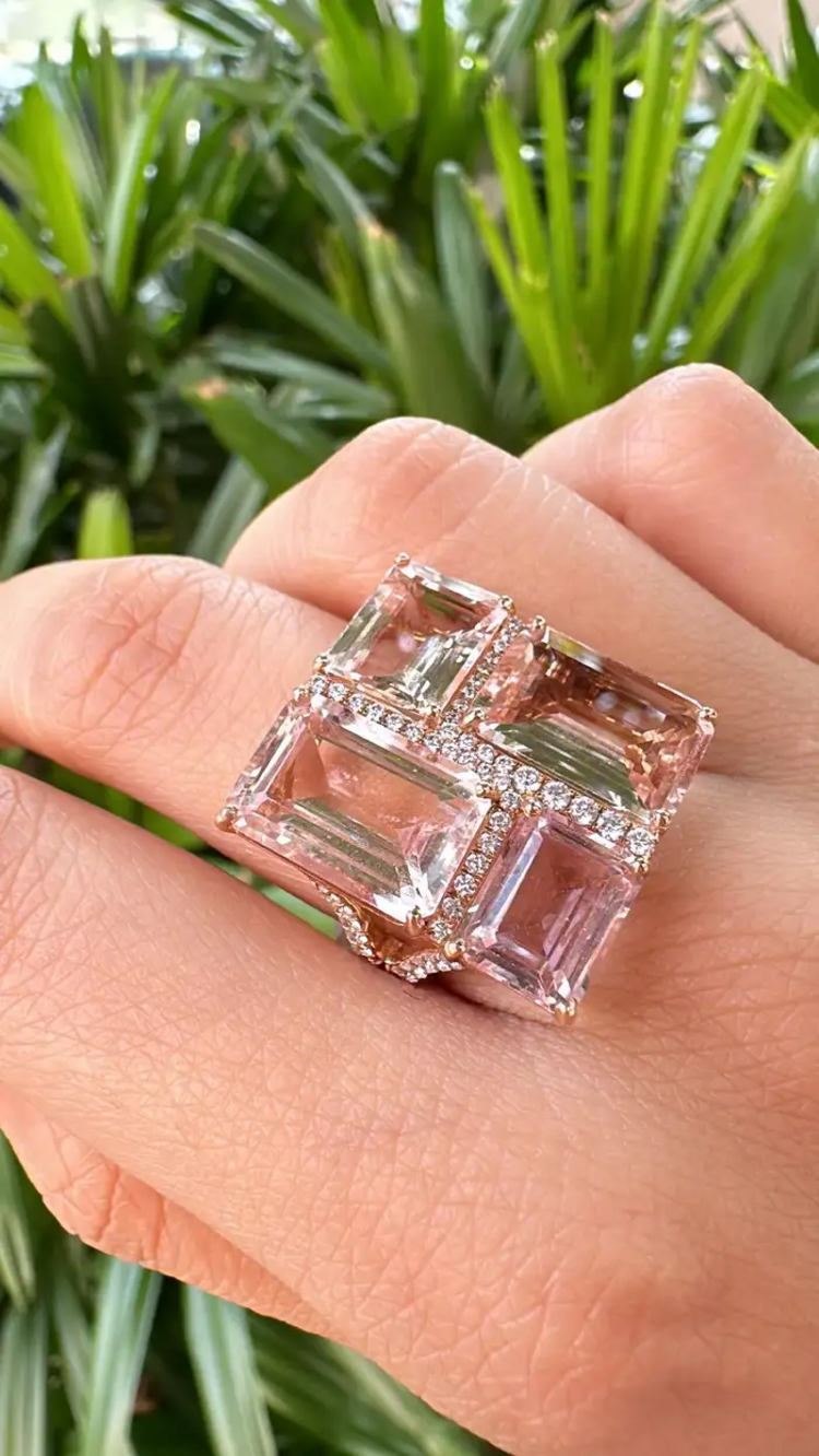 Natural Morganite Gemstone Cocktail Ring - 18k Rose Gold Diamond Ring