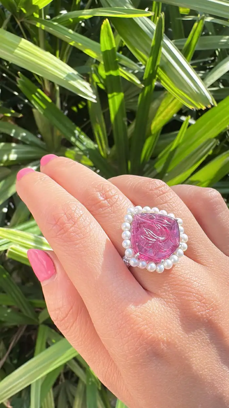 18k White Gold Carved Tourmaline Statement Ring - 10.67 Ct. Carved Tourmaline & Fresh Water Pearl Ring